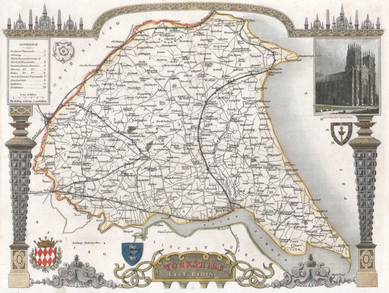 Yorkshire East Riding antique county map. Hand coloured. Railways. MOULE c1840